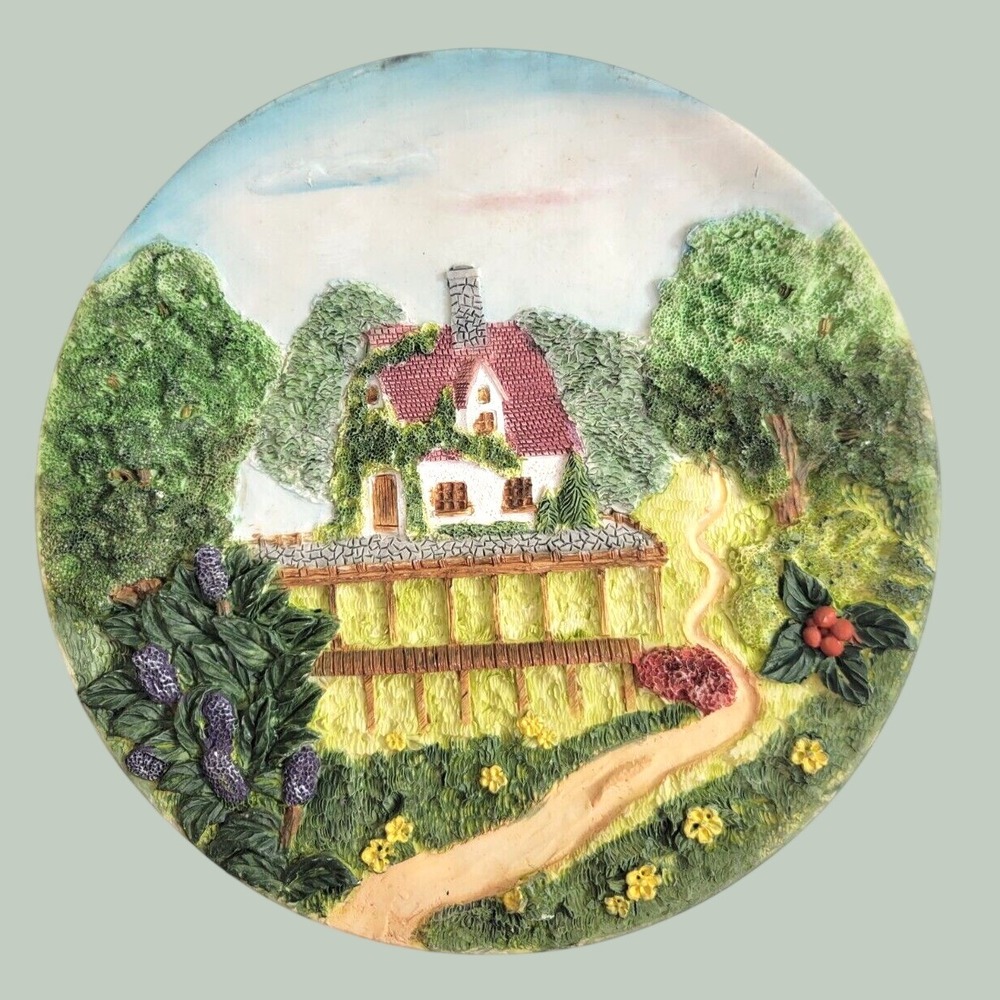 Decorative Wall Plate Textured 3D Relief Cottage Farmhouse Decor Green White 80s
